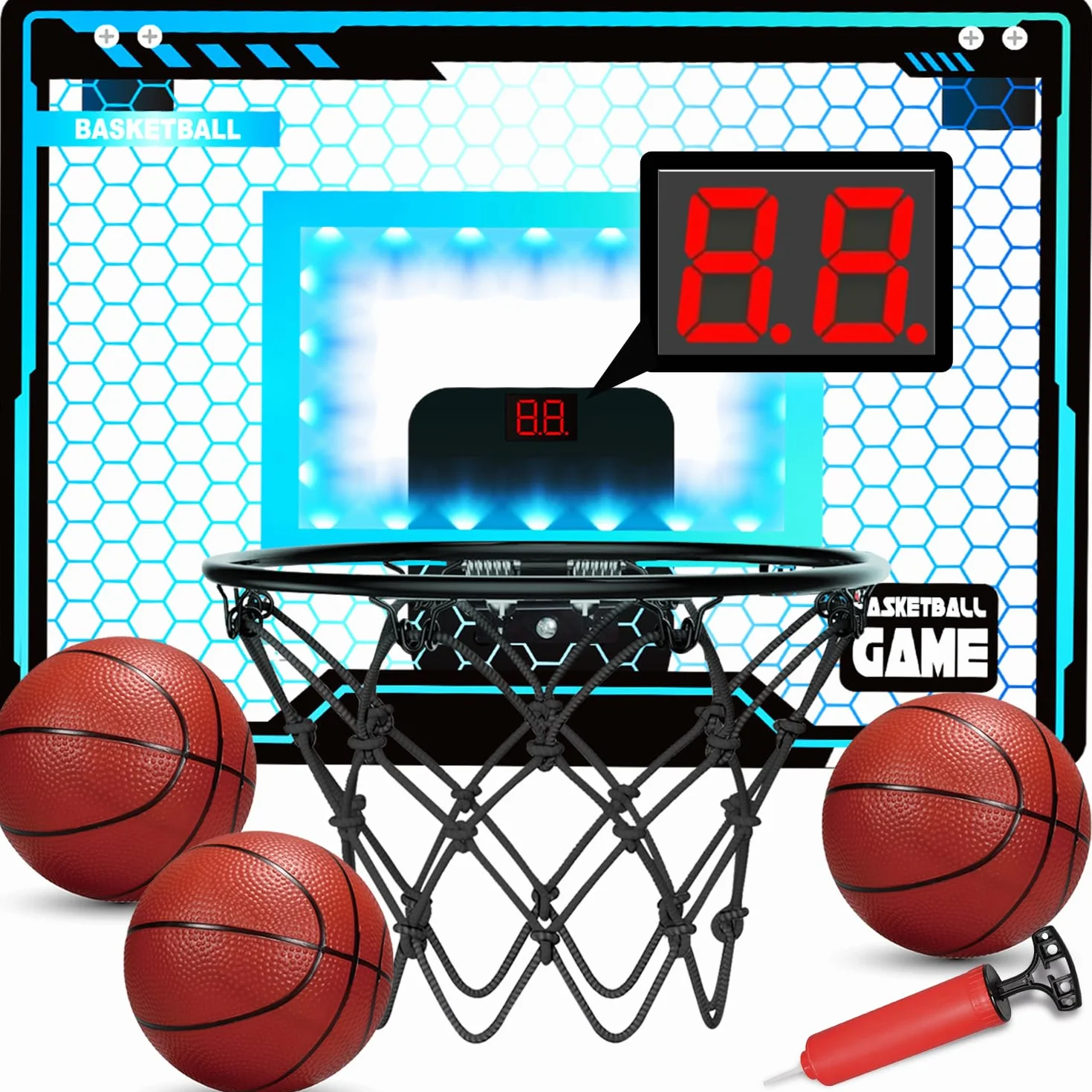 Canestro Basket da Camera, Canestro Basket Bambini con LED, Elettronico Punteggio Record e 3 Palla da Basket, Mini Canestro Basket per Ragazzi Ragazze 5-12 Anni, Regalo Natale per Compleanno