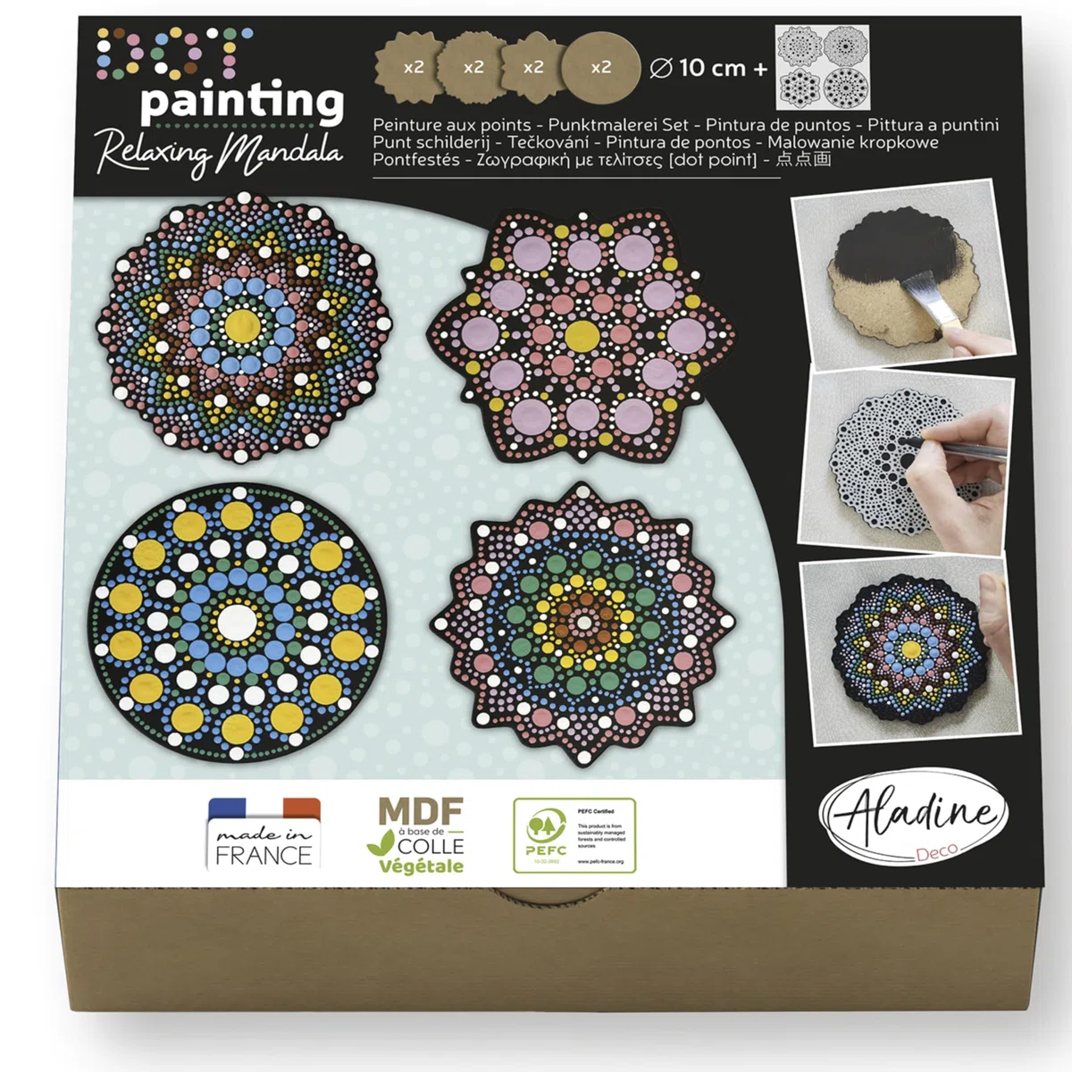 Aladine - Kit Mandala in Dot Painting - Cofanetto 4 stencil Mandala & Strumenti Dot Painting - 85496