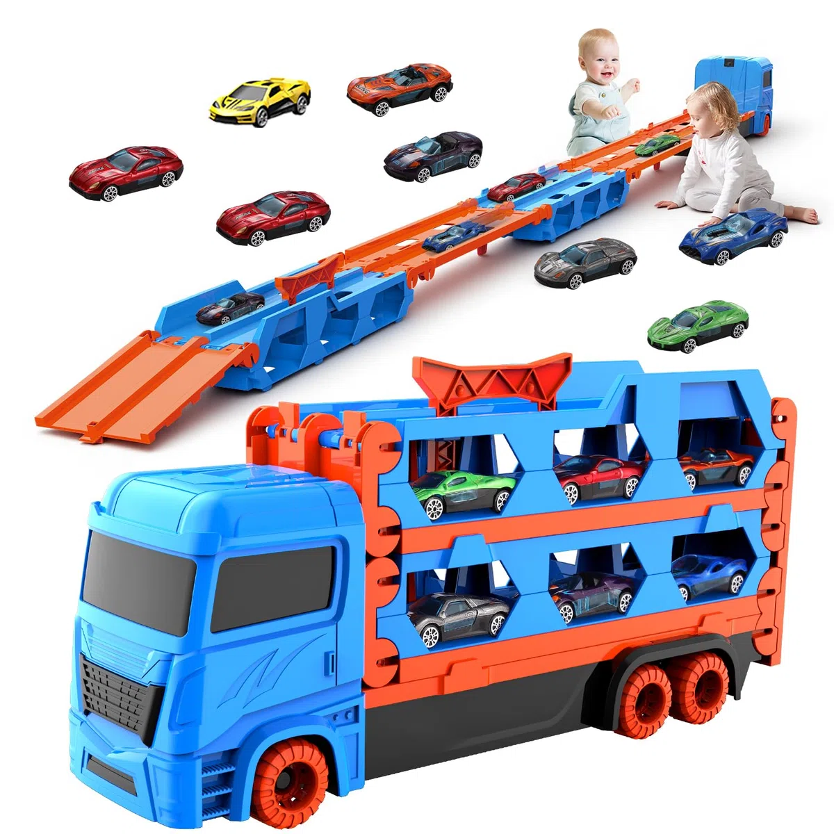 Camion Trasporto Giocattolo con 8 Macchinine, Auto per Bambini di 3,4,5,6,7,8+Anni,Garage,Portatile e Pieghevole con Circuito da Corsa da 61 Pollici,Regalo di Compleanno per Bambini