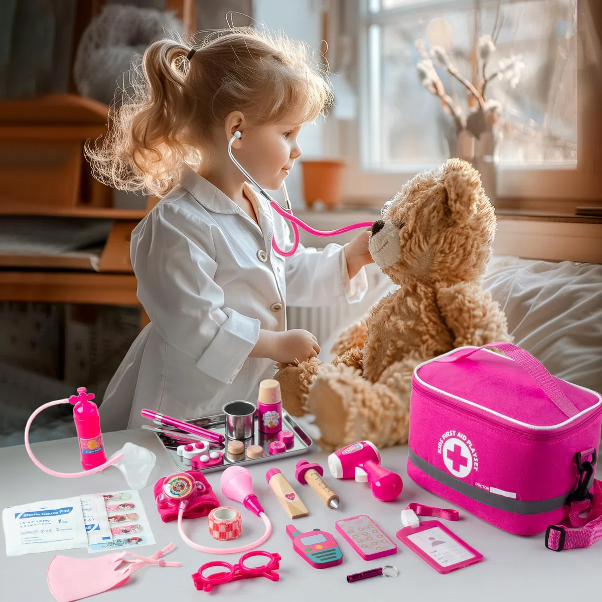 EFO SHM Valigetta Dottore Bambini 34 Pezzi - Kit Medico Giocattolo con Vero Stetoscopio e Camice, Borsa Portatile, Gioco di Ruolo Educativo, Idea Regalo 3 4 5 6 Anni