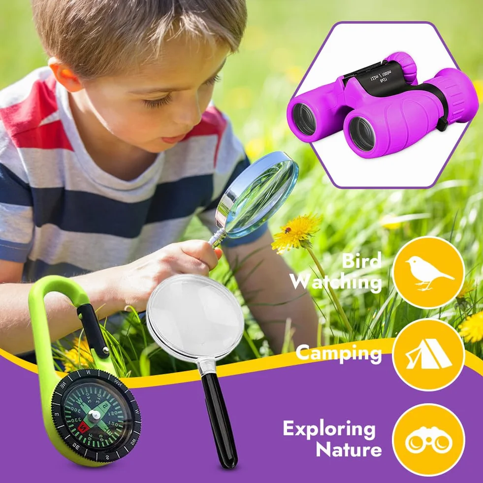 Binocolo per bambini, regali per bambini per bambini e bambine, forte ingrandimento 8X21, binocolo con lente d'ingrandimento e bussola, giocattolo per 3-12 anni (viola)