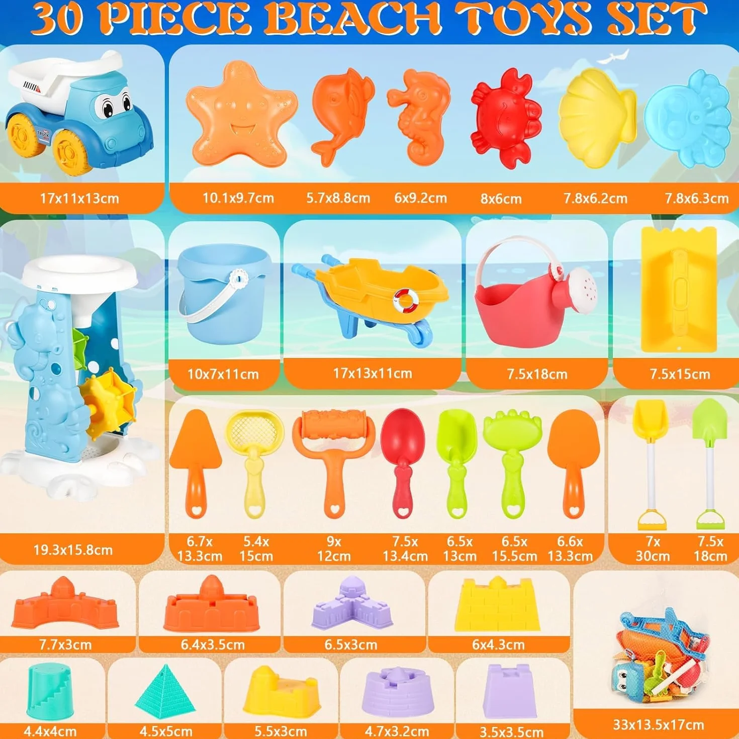 Giocattoli da Spiaggia, 30 Pezzi Spiaggia di Sabbia Giocattoli con Borsa a Rete, Secchiello, Secchiello Spiaggia, Acqua Ruota, Stampi, Giochi Spiaggia Bambini per attività All'aperto Bambini