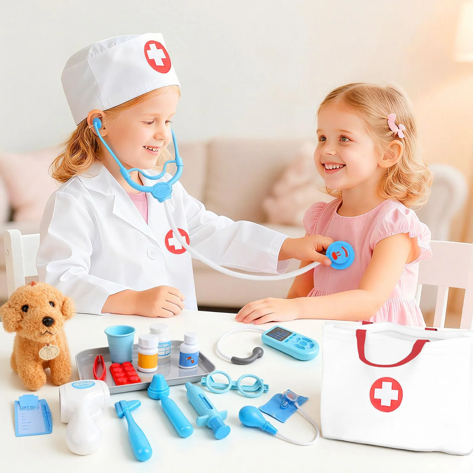 Valigetta Medica per Bambini Dai 3 Anni in su, con Cane in Peluche, Stetoscopio, Borsa Medica e Camice Medico, Giocattolo Veterinario, Regalo per Ragazzi e Ragazze, Giochi di Ruolo