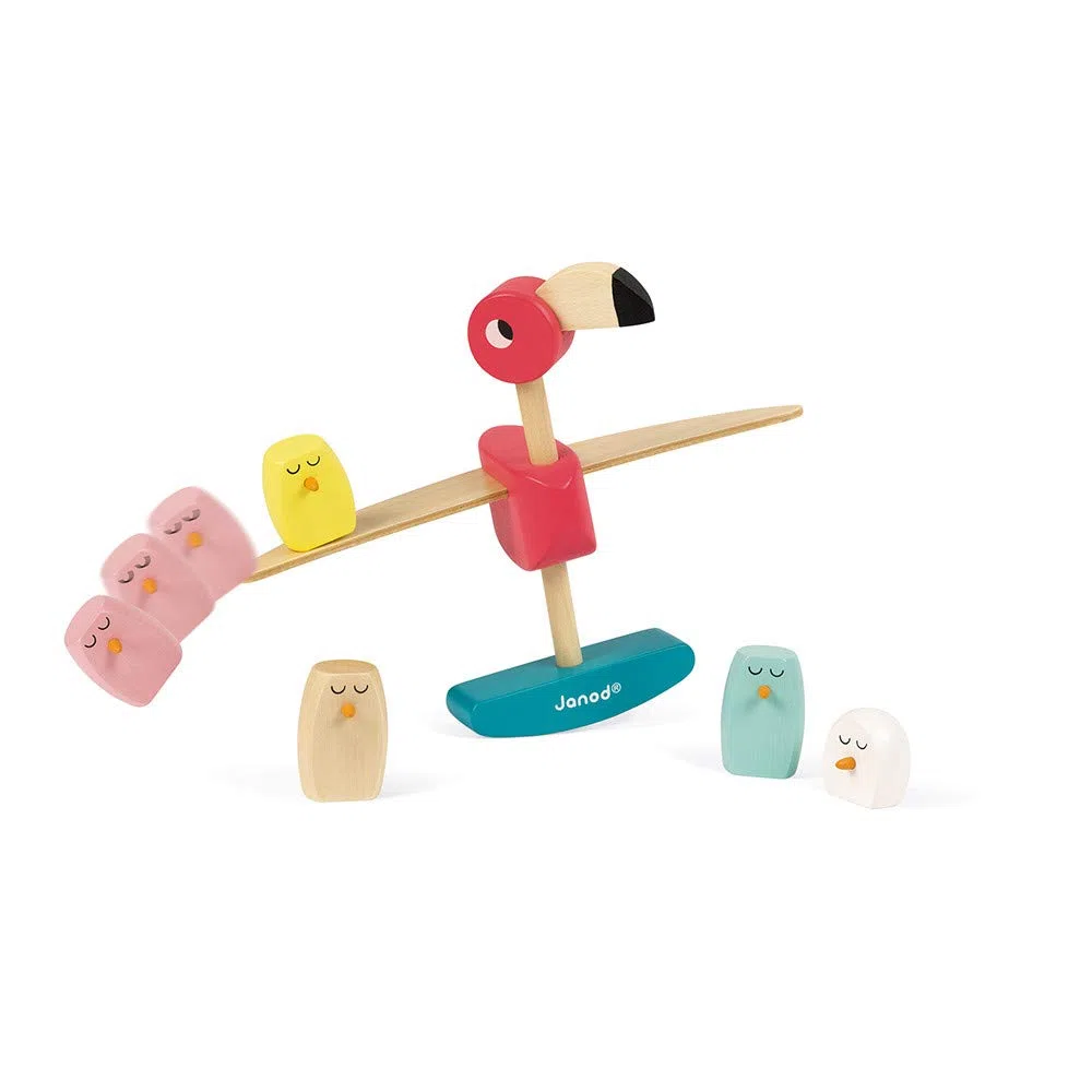 Janod - Gioco di Equilibrio Fenicottero Rosa Zigolos (Legno), Gioco di manipolazione, trattato con Vernici ad Acqua, per Bambini dai 3 Anni in su, J08230, Multicolore