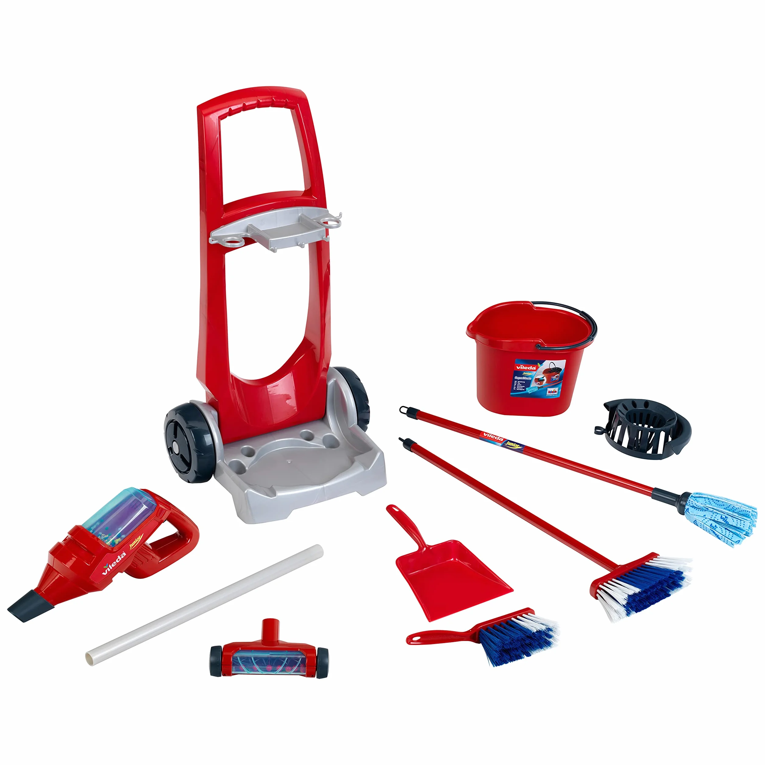 Theo Klein 6720 Carrello per le pulizie Vileda con aspirapolvere verticale, Include secchio, scopetta e paletta, 29 cm x 24 cm x 60 cm, Giocattolo per bambini dai 3 anni in su