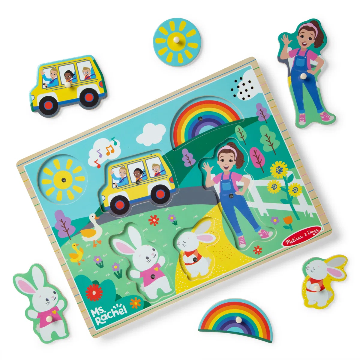 Melissa & Doug Ms. Rachel Wooden Song Peg Puzzle, 6-piece Light-Activated Sound Puzzle with Full Songs, Toddler Toys for Boys and Girls Ages 2-5+ Years - FSC Certified