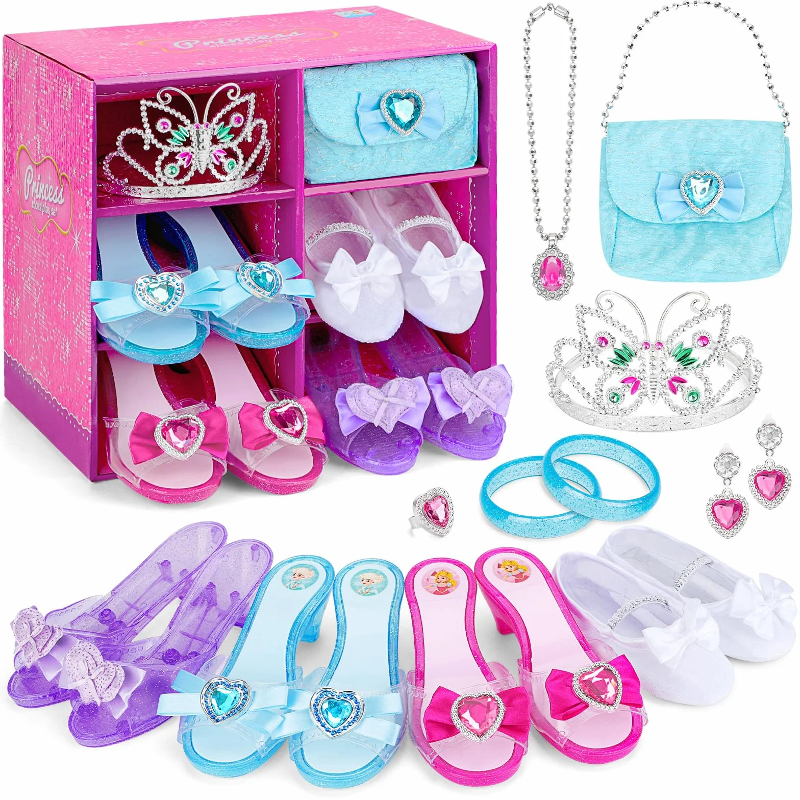 deAO Boutique Gioielli da Principessa con 4 Paia di Scarpe, bracciali, Collana, Borsa, Orecchini e Corona a Forma di Farfalla Tiara Inclusi