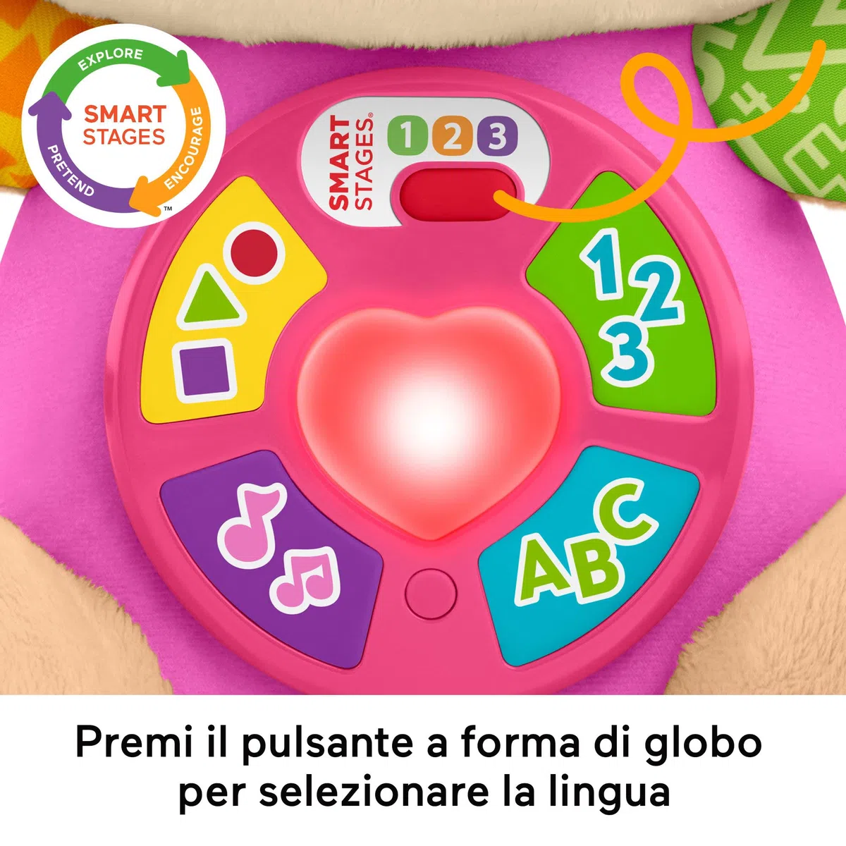 Fisher-Price Giocattolo per l'apprendimento dei Neonati Ridi e Impara Peluche Musicale Sis Smart Stages Rosa; per Bambini dai 6 Mesi in su, multilingue: Italiano, Spagnolo, Portoghese, Inglese, JFD35