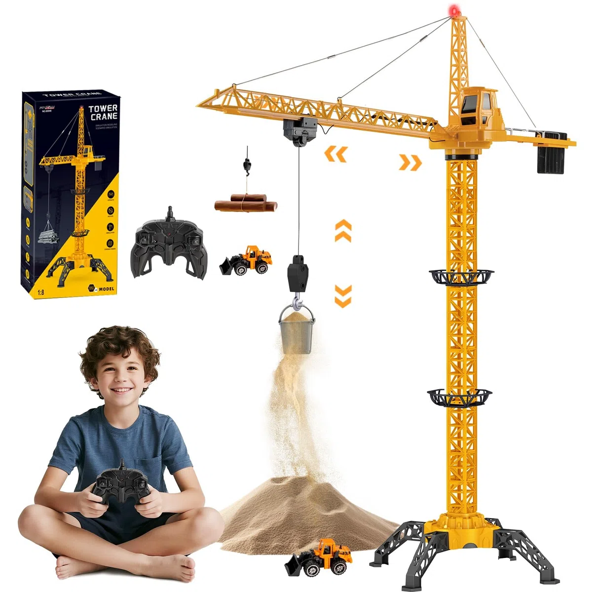 JONRRYIN Gru a Torre Telecomandata Alto 138 cm, 6 Canali 2,4 Hz RC Gru a Torre, Giocattolo da Costruzione Radiocomandata a 680° Rotazione con Luci per Bambini (Giallo)