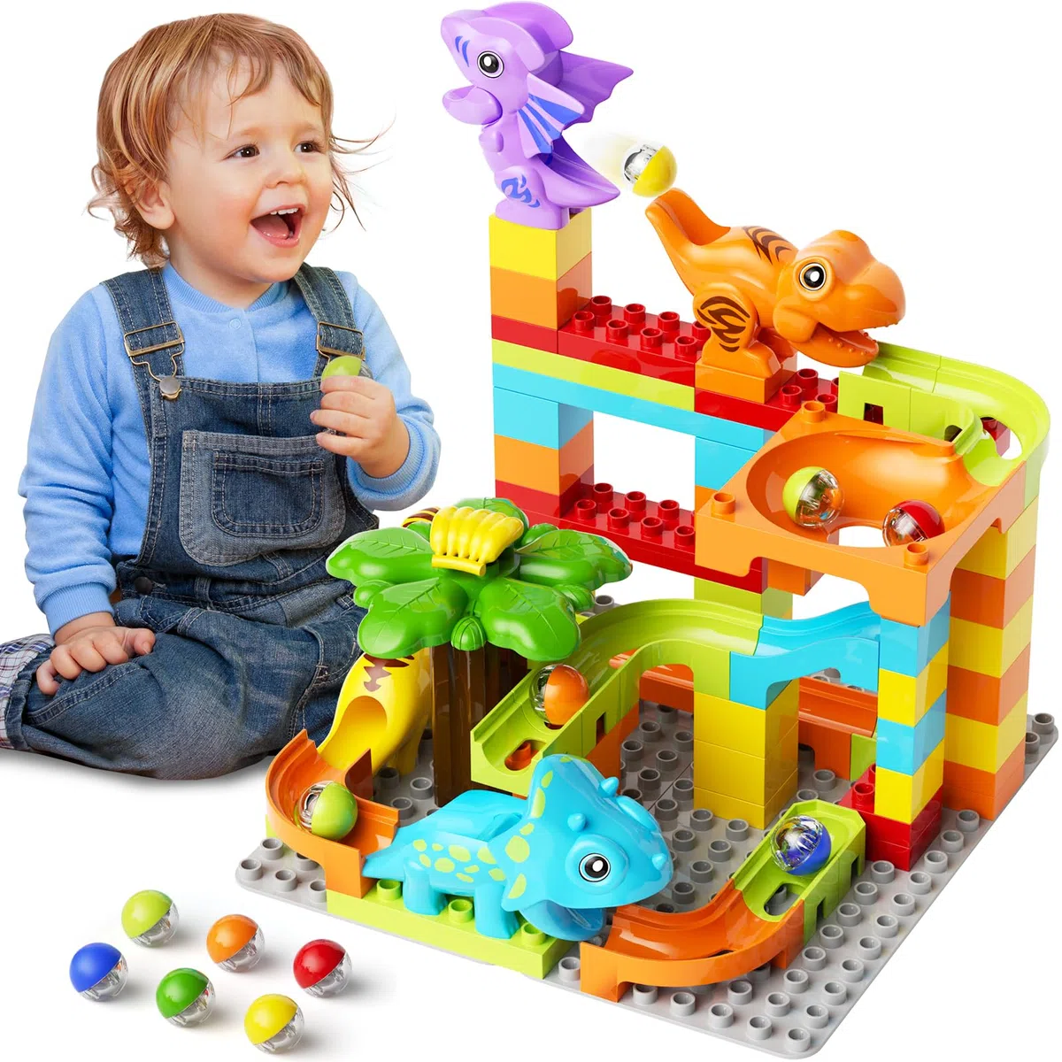 burgkidz Pista di Biglie Dinosauro, 78 Pezzi Piste di Marmo Costruzioni Blocchi Giocattoli, Gioco del Labirinto Interattivo ed Educativo STEM Regalo per Bambini 3+ Anni