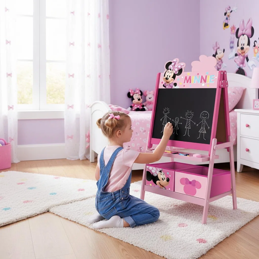 ARDITEX - Lavagna per bambini di Disney Minnie Mouse con doppia superficie per gessetti e pennarelli e 2 contenitori in tessuto per riporre oggetti - 54x45x117cm - Contenitori da 24x30x15cm - rosa