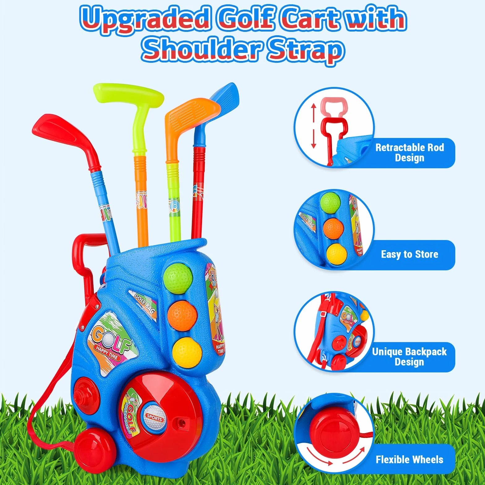 deAO Golf Set Giocattoli per Bambini, Tappetino da Golf, 4 Putter 60CM, 6 Palline, Regali di Compleanno per Ragazzi e Ragazze Blu