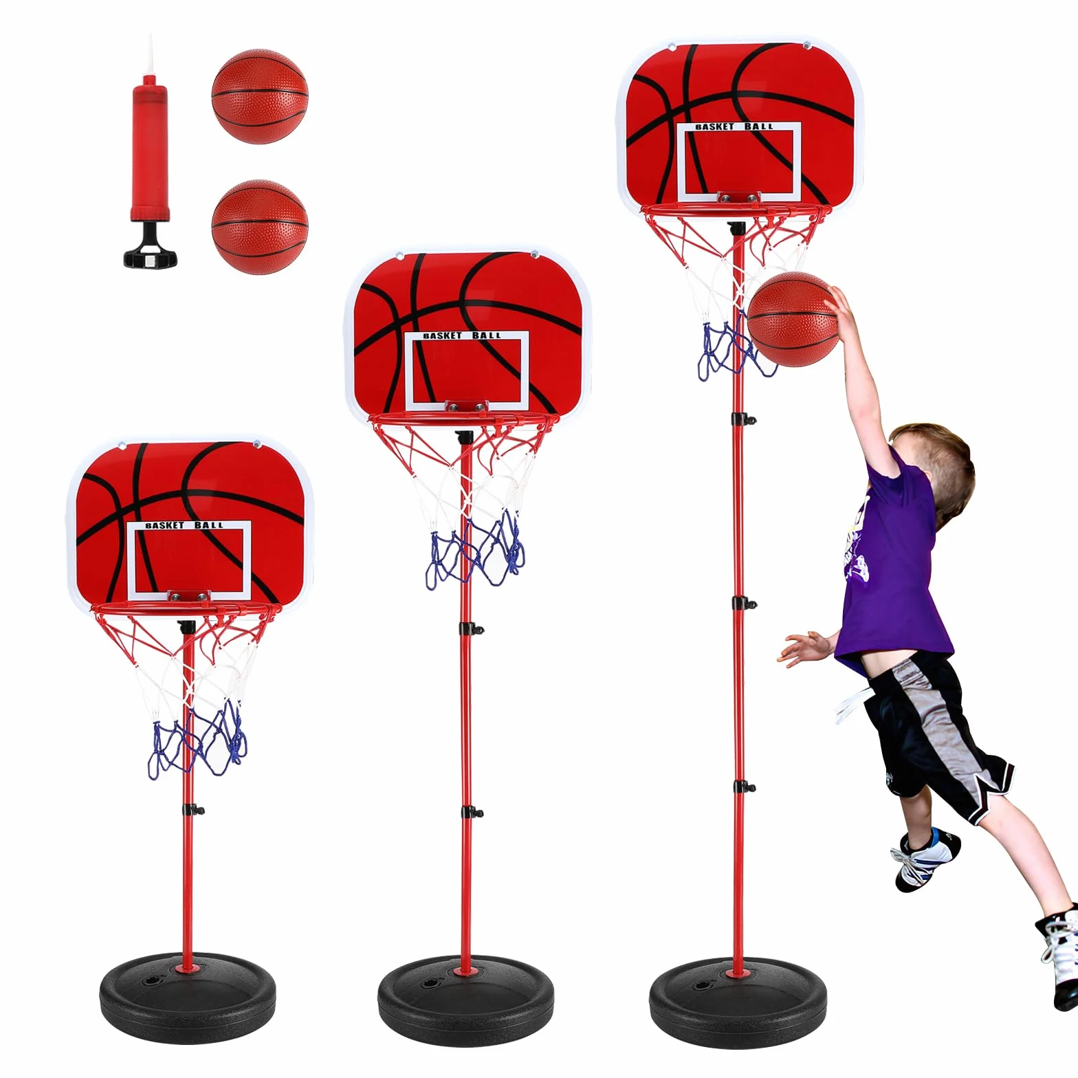 Canestro Bambini Esternocon 2 Palloni da Basket e una Pompa, Regolabile in Altezza, per Bambini dai 3 agli 8 Anni, per Canestri da Basket Indoor e Outdoor