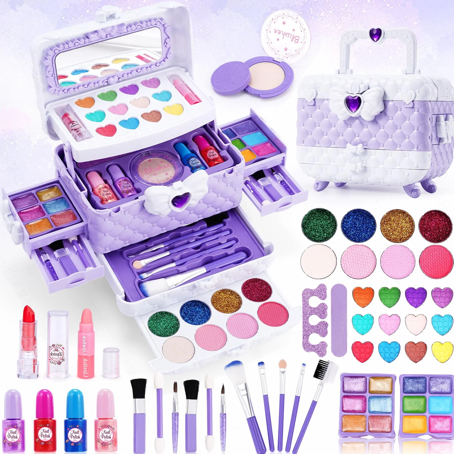 Chennyfun 53 Pezzi Lavabile set di Trucchi per Bambini, Set di Trucco per Bambini per Bambine, Sicuro e Atossico Giocattolo di Ruolo per Regali di Compleanno di Natale per Ragazze dai 3 Anni