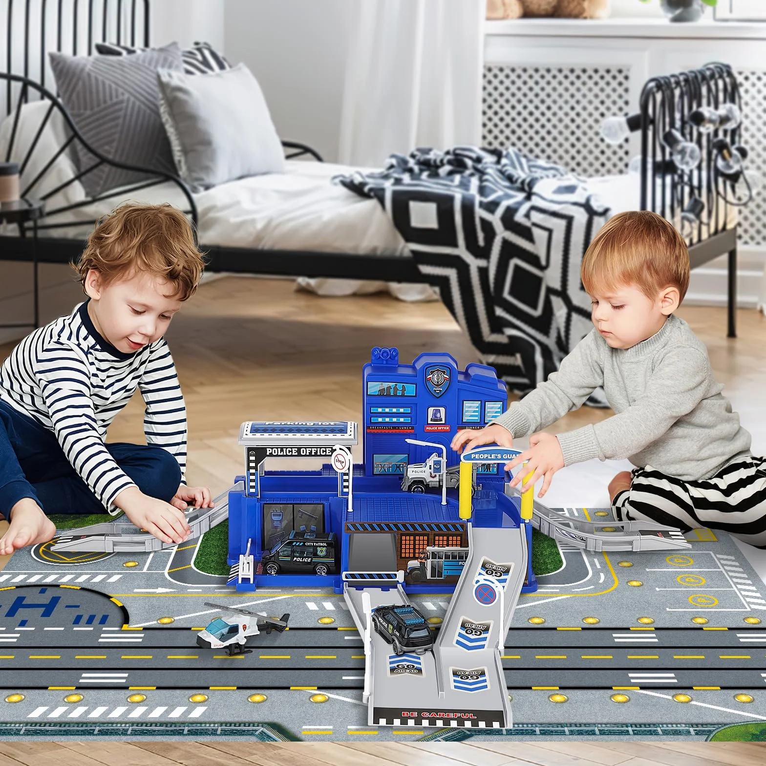 deAO Stazione di Polizia della Città, Giocattolo da Costruzione con Edificio per Uffici, Veicoli della Polizia, Elicottero, Camion, con della Polizia, Regalo per Bambini e Bambine dai 3 Anni in su