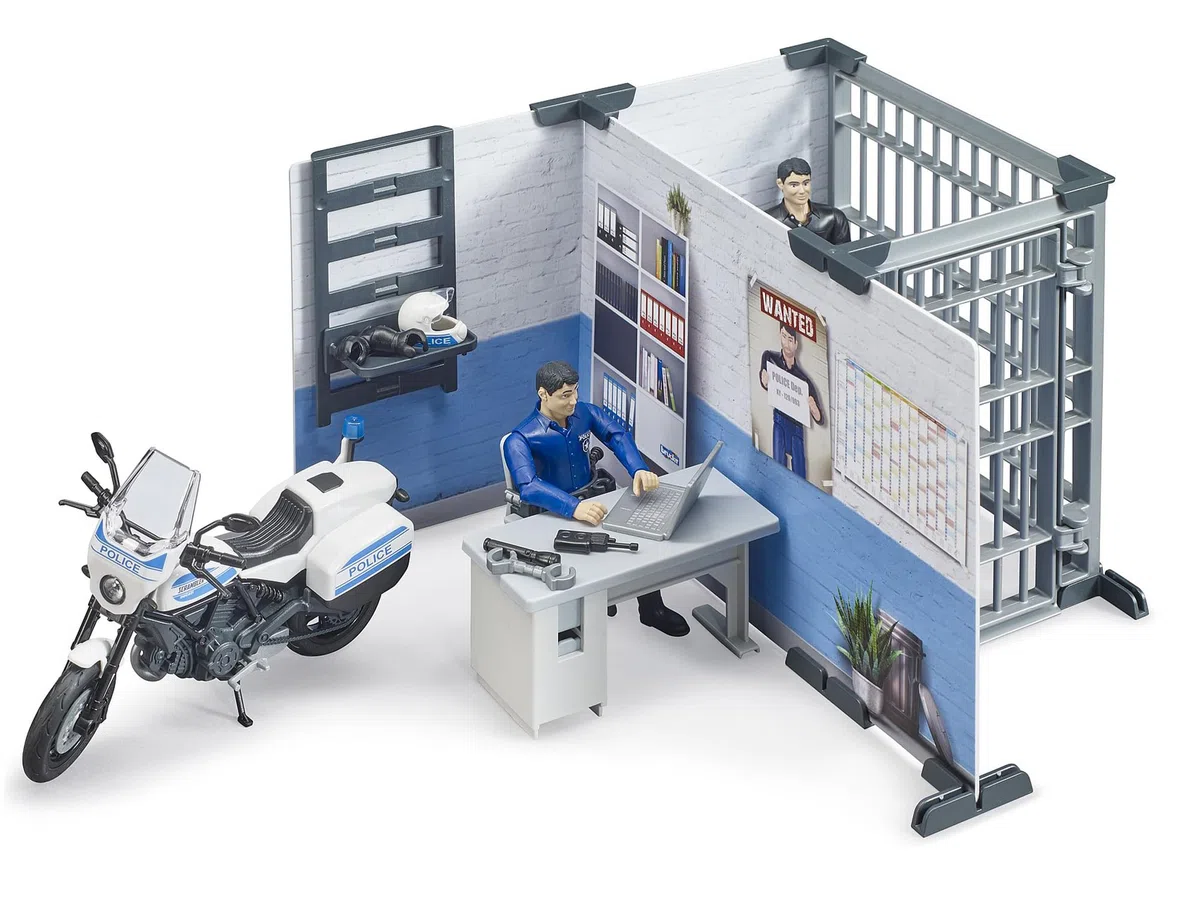 bruder 62732 - stazione di polizia bworld con moto della polizia, veicolo di emergenza, prigione