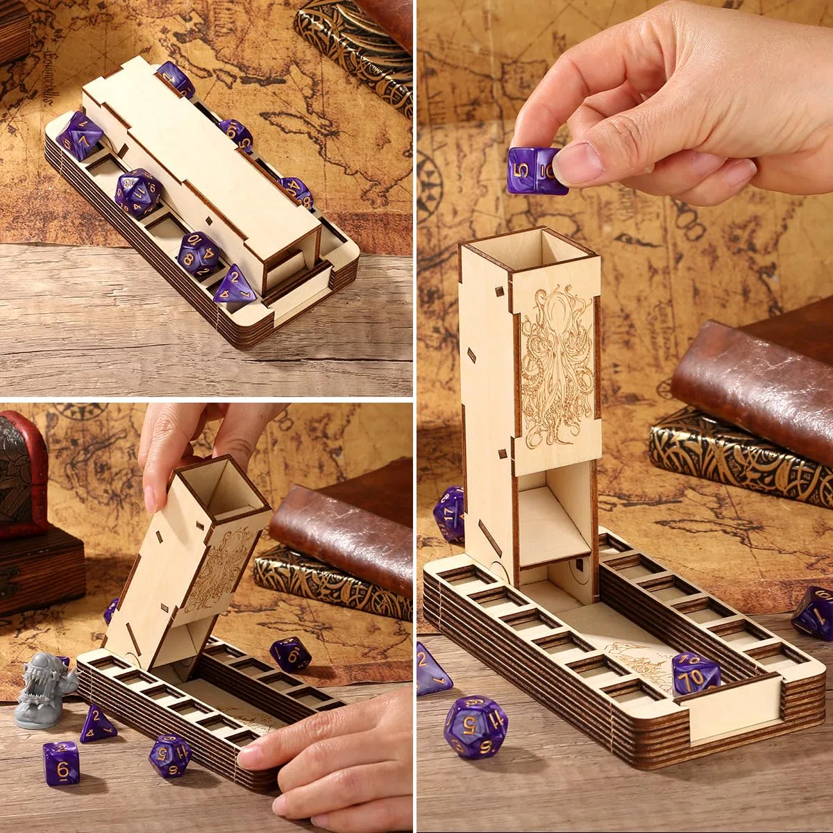 Vassoio per dadi in legno pieghevole DND, accessori D&D, Torre per dadi D20 mano magica, strumenti per giochi da tavolo, Giochi di ruolo scatola per