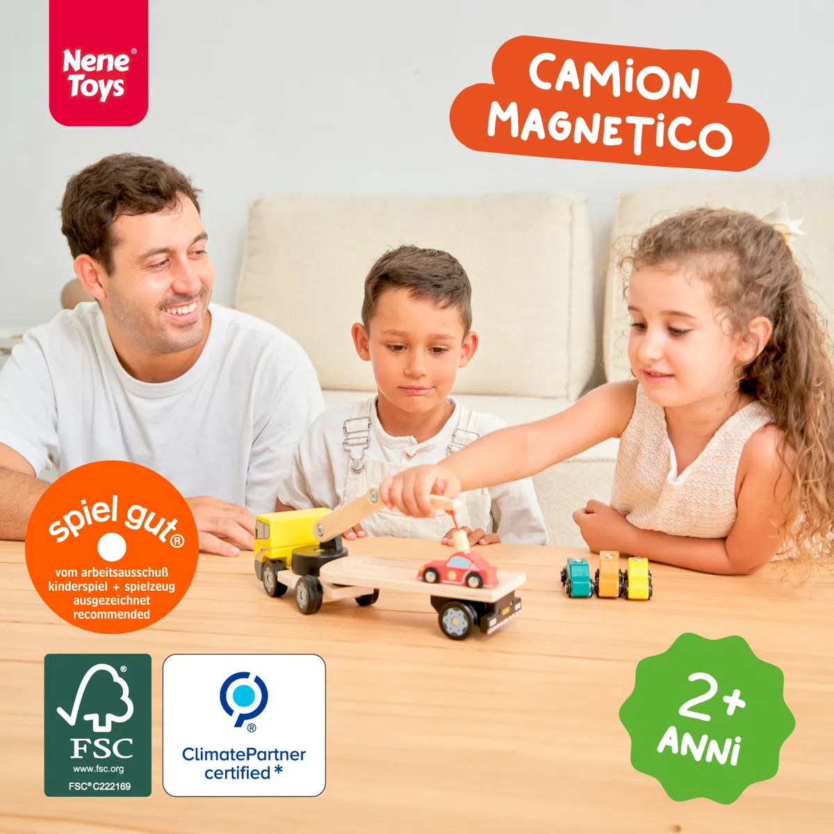 Nene Toys Camion Magnetico in Legno con 4 Auto e Rimorchio Staccabile – Giocattolo per Bambini 2+ Anni con Gru Interattiva – Gioco Educativo e Creativo – Macchinine e Veicoli Maschi Femmine 2 3 4 Anni