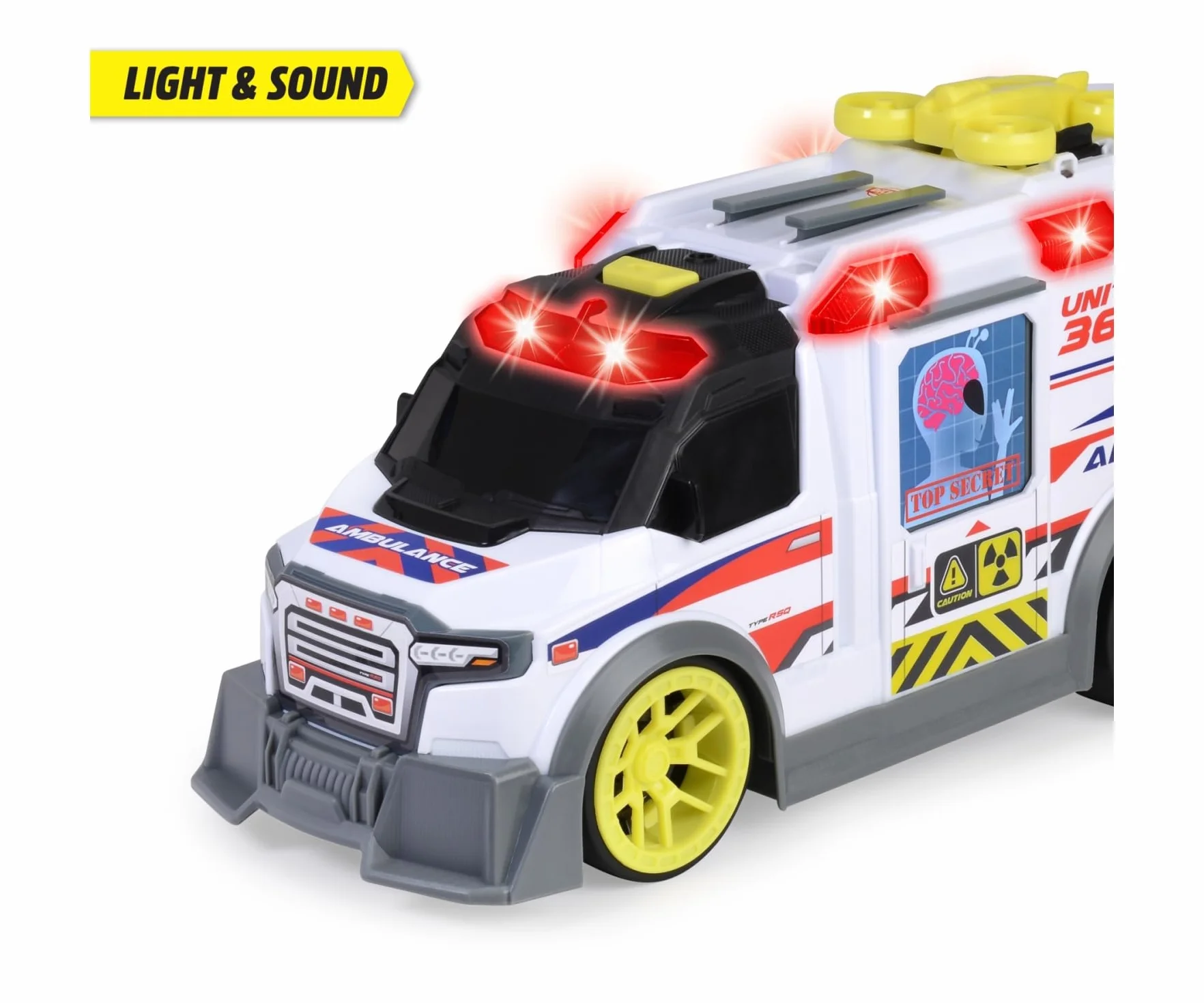 Dickie Toys - Ambulanza 36 cm, 203307003, +3 Anni, Sistema a Ruota Libera, luci e Suoni, Apertura portellone a Molla, barella, Drone
