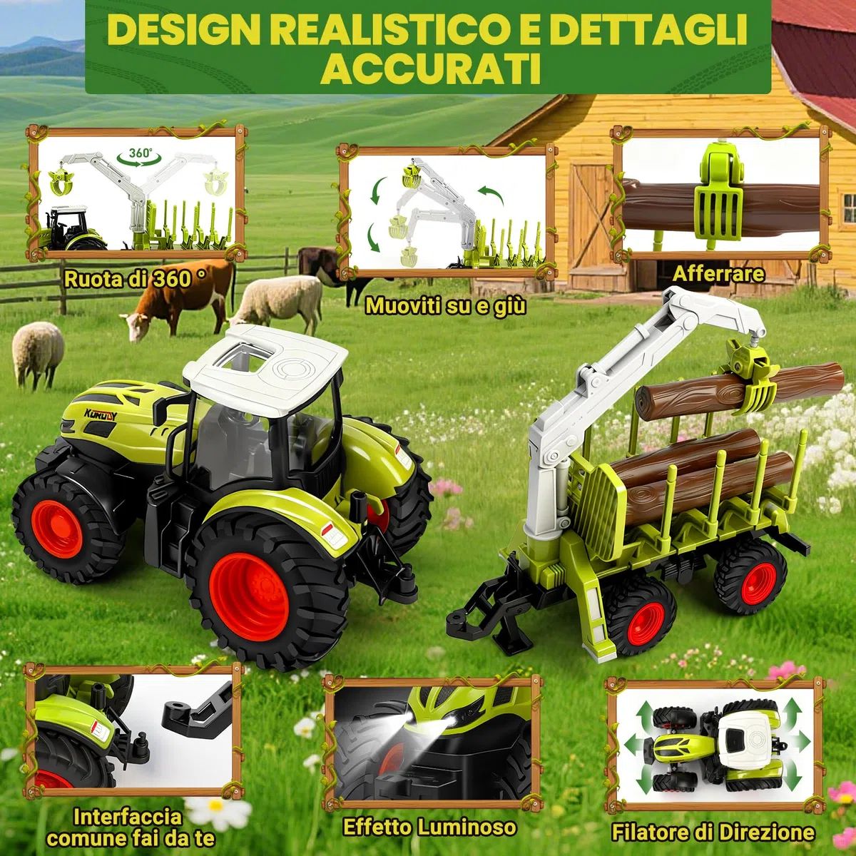BuzzoXerex RC Trattore Telecomandato per Bambini, 2,4 Hz Trattore Radiocomandato con Rimorchio Giocattolo e Luce, Trattore Giocattolo per Bambini 3 4 5 anni