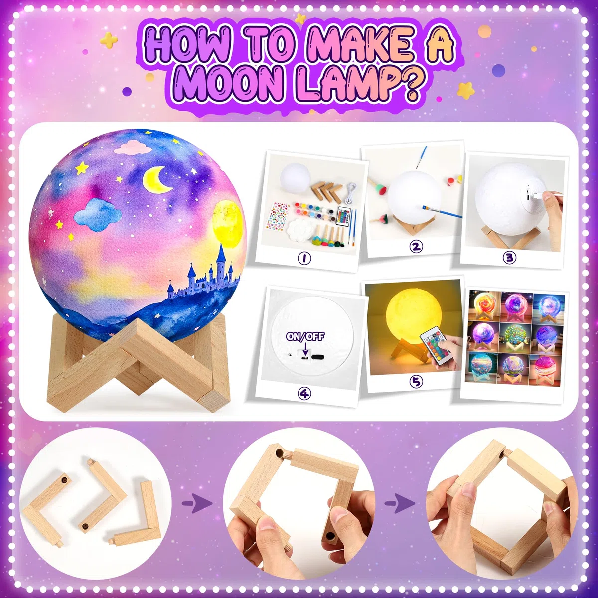Pourbibi Kit Lampada Luna 3D Set Pittura, Lavoretti Creativi Bambini 6-11 Anni, Giochi e Luce Notturna per Pittura 3D, Set di artigianato regalo di compleanno per ragazze 6 7 8 9 10 11 12 anni
