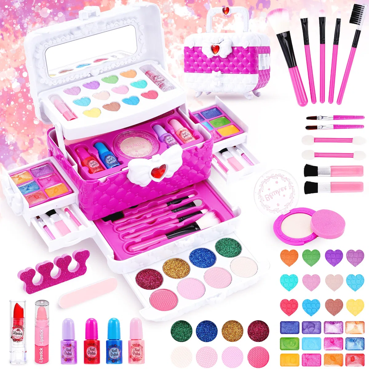 53 pezzi Set di trucco per bambini, set di trucco per ragazze, set di trucco sicuro e lavabile, non tossico, set regalo di trucco, giocattolo per gioco di ruolo per Natale e Halloween, valigetta per