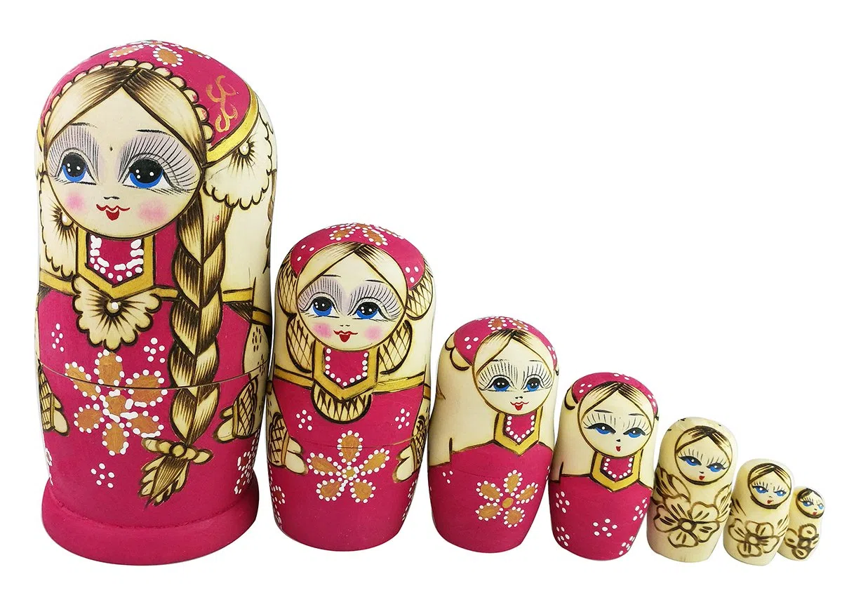 Winterworm Set 7 Pezzi Trecce Lunghe Ragazza Rosa Matrioska Bambole Babushka Bambole Tradizionali Russe di incastramento Regalo impilabile in Legno Regalo per Bambini