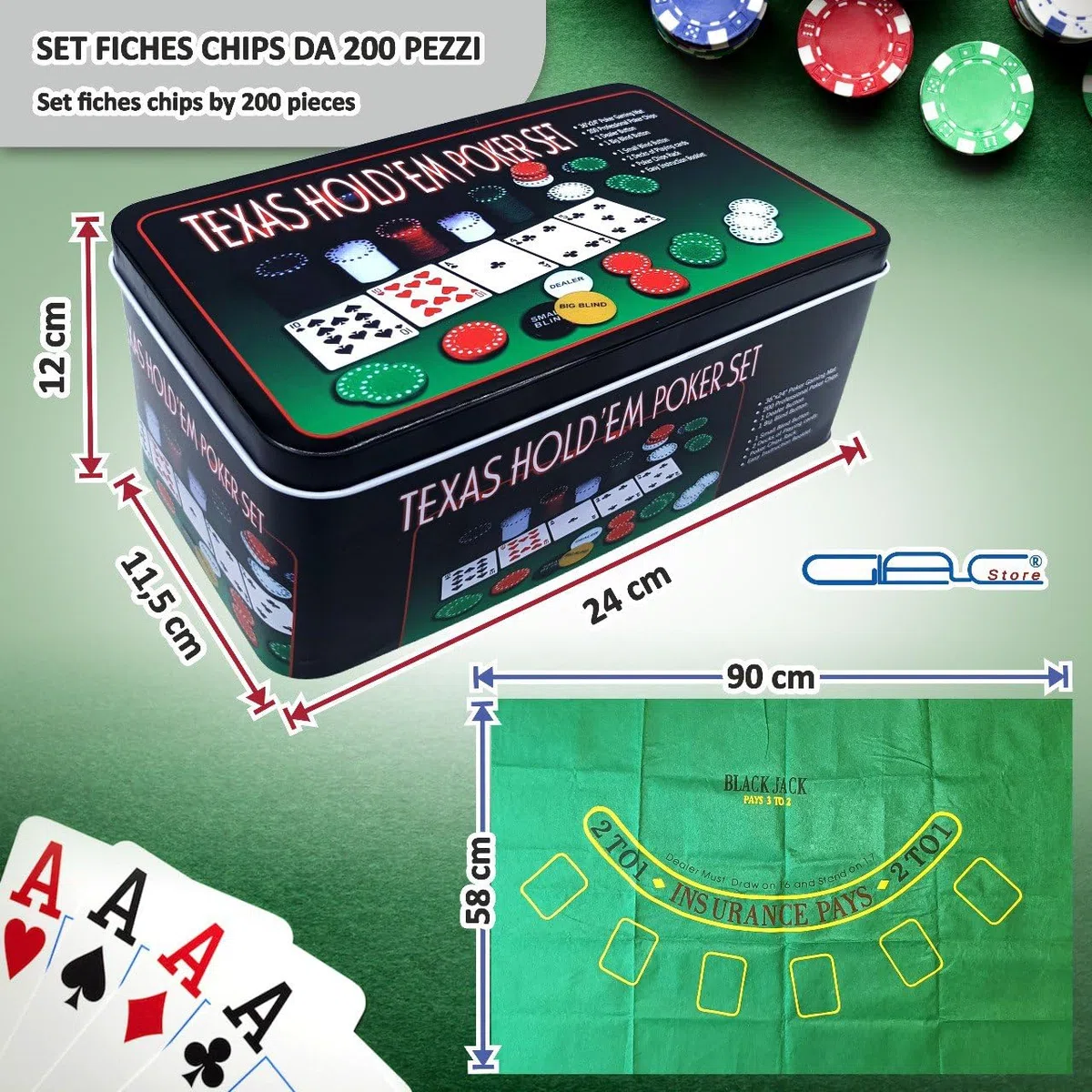 Set da Poker con Scatola in Metallo, 200 Fiches Colorate, 2 Mazzi di Carte, Fiches Dealer, Panno Verde, Big Blind, Small Blind