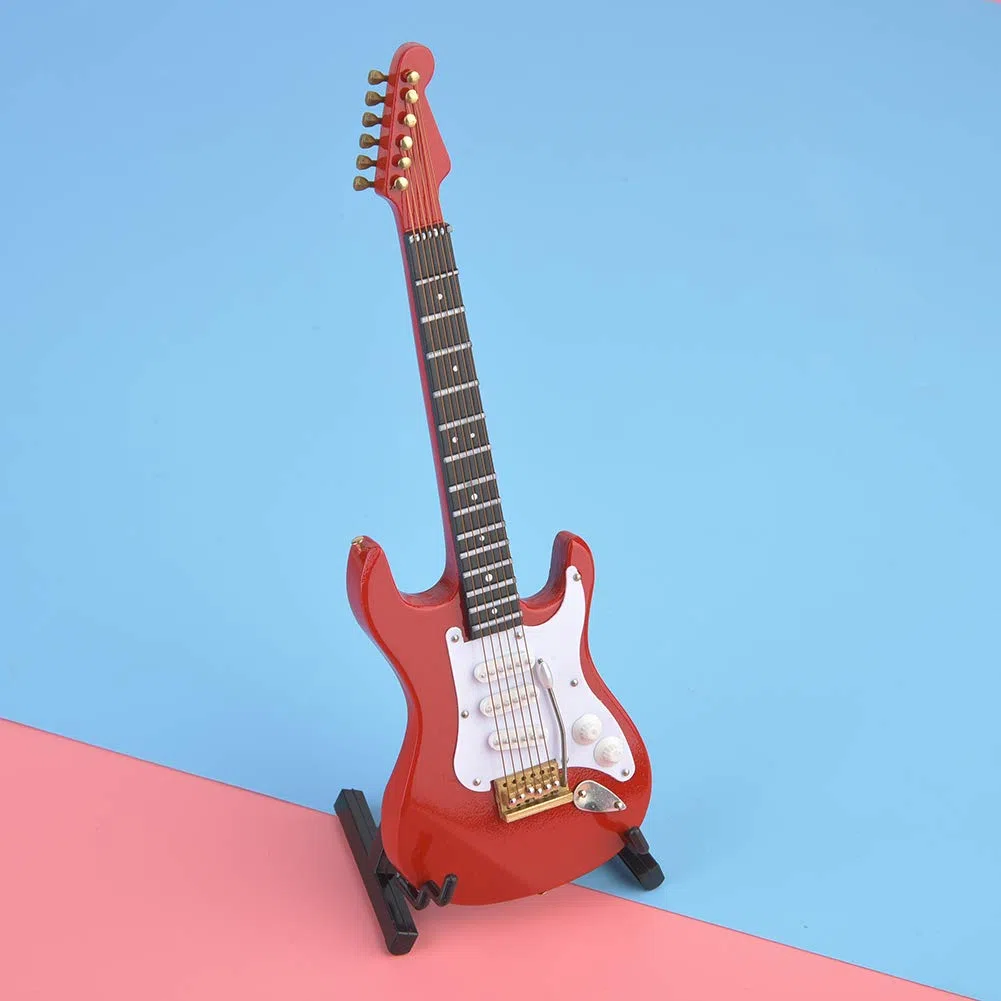 Chitarra elettrica in miniatura in legno con supporto, delicata replica elettrica da 18 cm Replica da collezione Figurine Display Ornamenti del moo