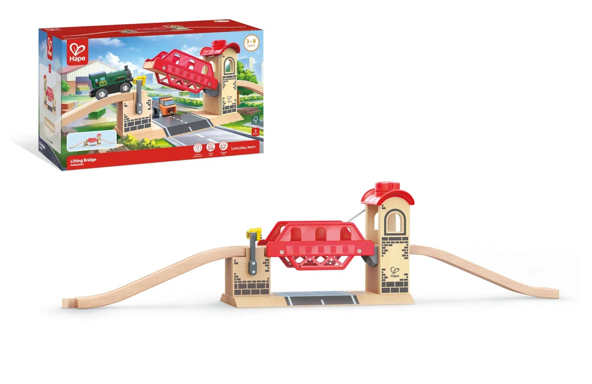 Hape Ponte Levatoio con movimento manuale - Accessorio in legno apri e chiudi compatibile con tutte le piste di treni per bambini dai 3 anni