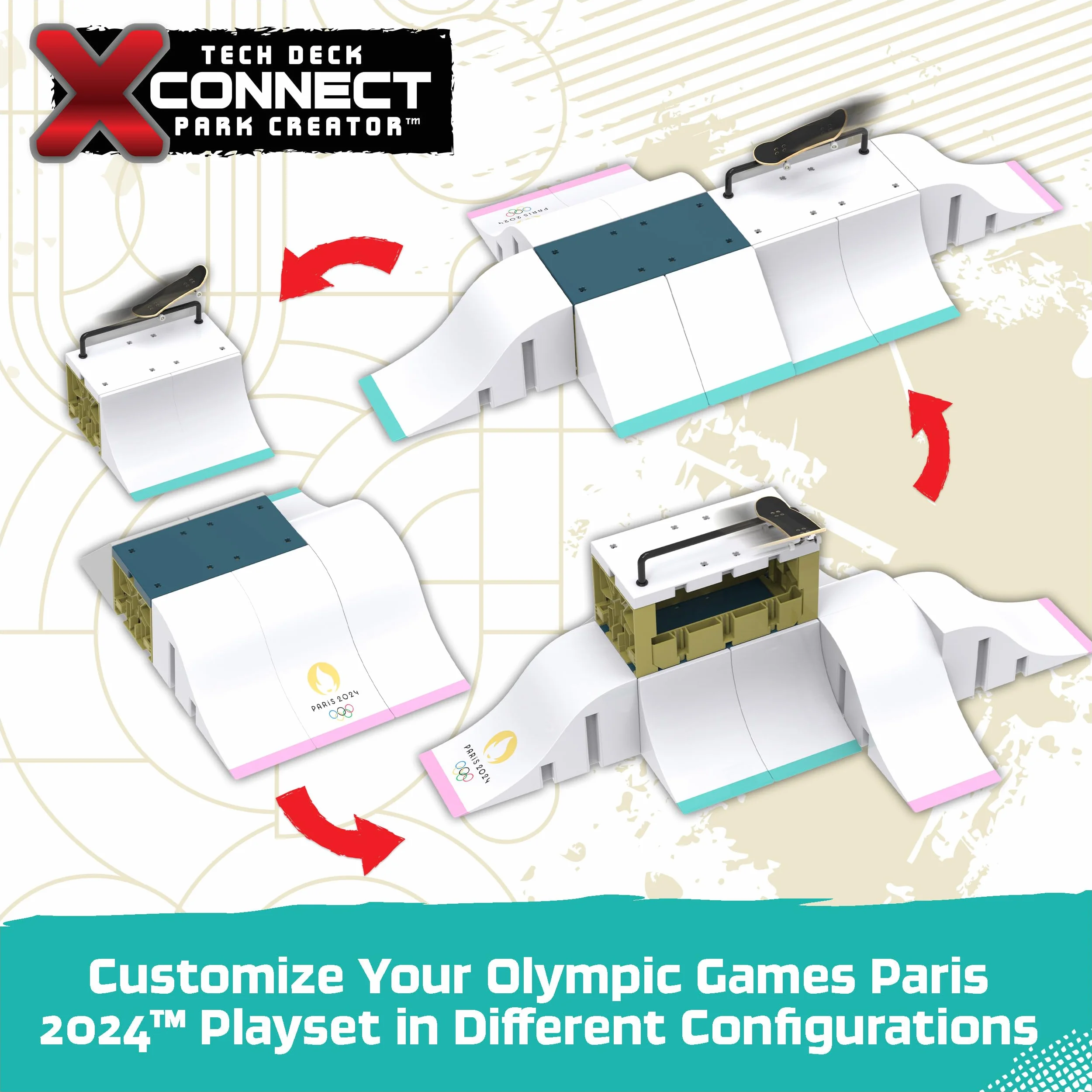 Tech Deck - Finger Skate - Park X-Connect Aurélien Giraud - Prodotto ufficiale con licenza Giochi Olimpici Parigi 2024 - Skatepark modulabile - Mini Skate Dito - Giocattolo per bambini - Gioco per