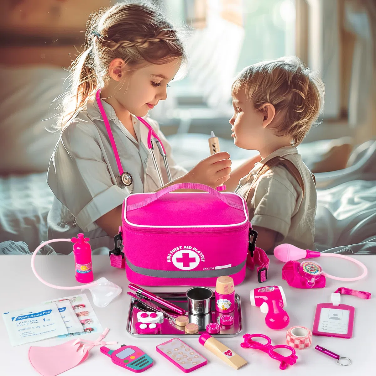 EFO SHM Valigetta Dottore Bambini 34 Pezzi - Kit Medico Giocattolo con Vero Stetoscopio e Camice, Borsa Portatile, Gioco di Ruolo Educativo, Idea Regalo 3 4 5 6 Anni