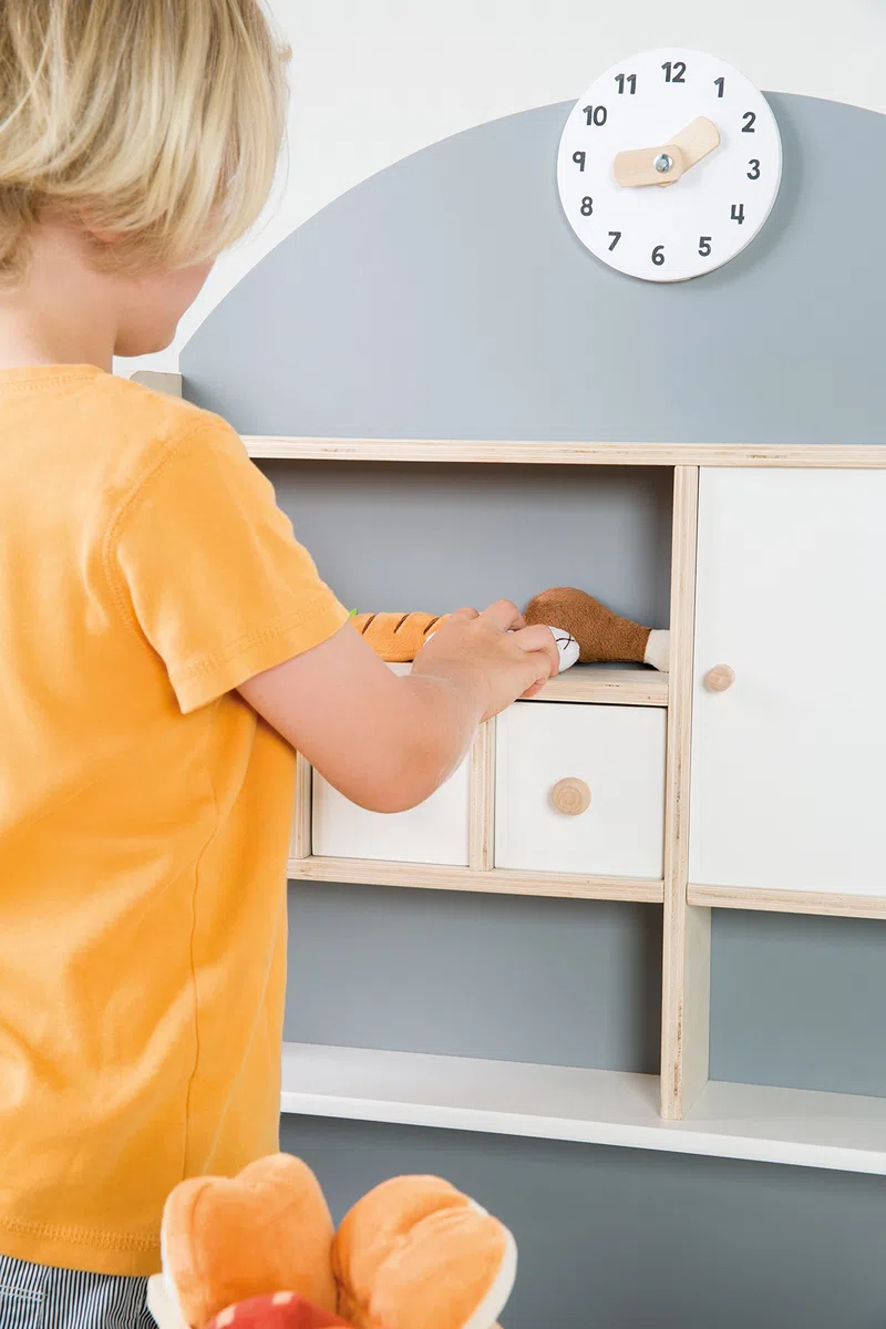 roba Negozio Giocattolo per Bambini in Legno - con Mensole e 3 Cassetti - Accessori Inclusi - Stand di Vendita a 2 Piani di Lavoro e Orologio - Legno Laccato Bianco/Grigio