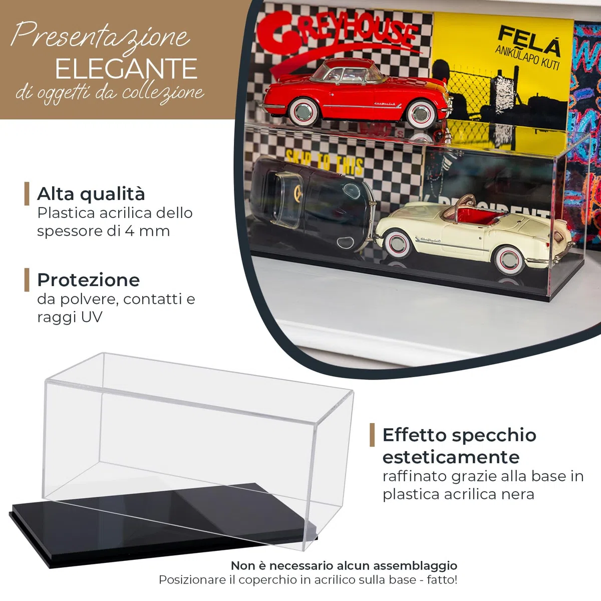 HMF Vetrina Espositiva in acrilico con specchio, Vetrinetta per collezionismo, modellini di auto, statuette | 30 x 15 x 14 cm