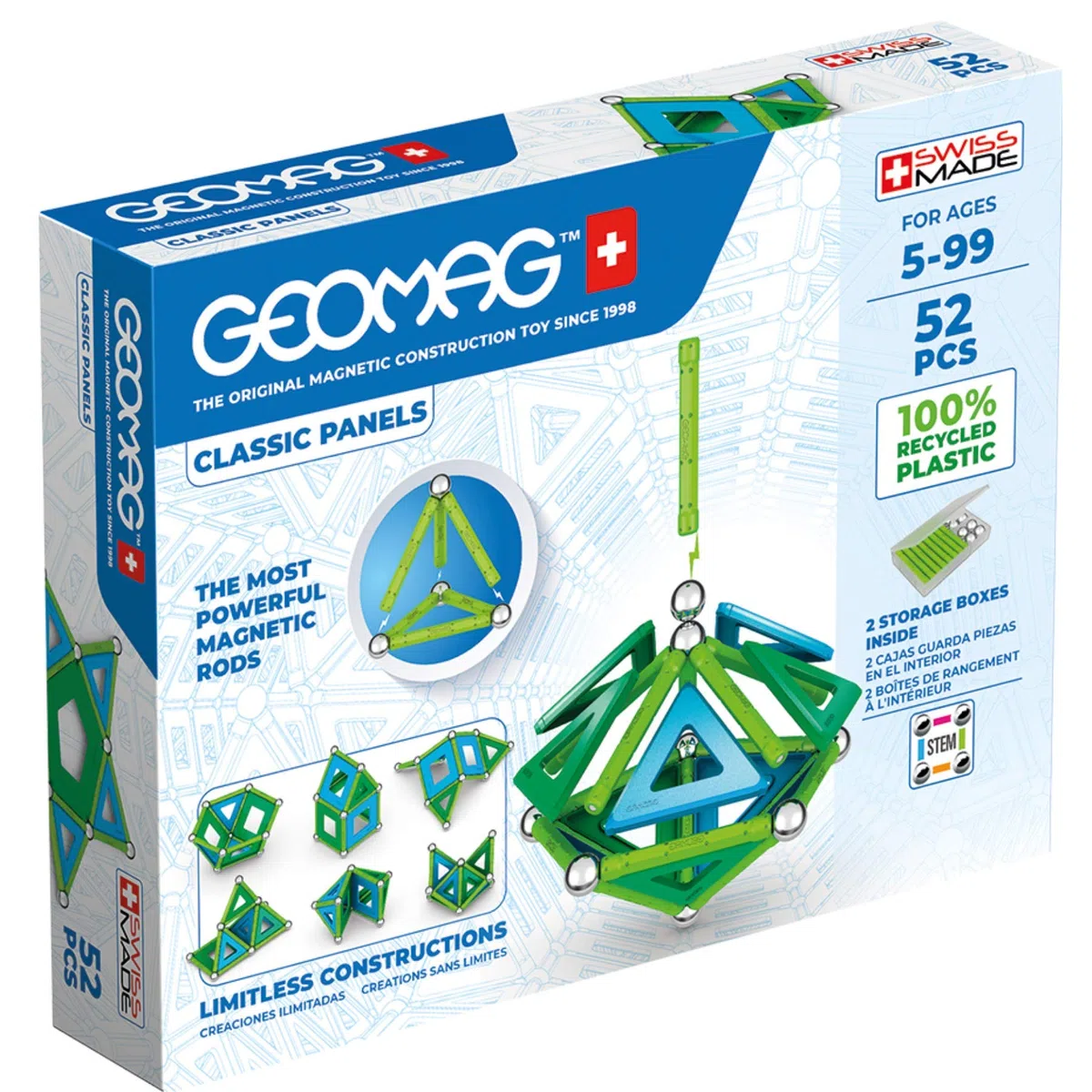 Geomag - Classic Panels 52 Pezzi - Costruzioni Magnetiche per Bambini - Linea Green - 100% Plastica Riciclata