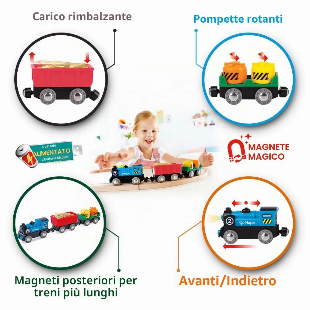 Hape Treno merci a batteria - Locomotiva giocattolo con due vagoni dotati di luci, effetti e giunti magnetici compatibili per gioco a tema ferrovia dai 3 anni
