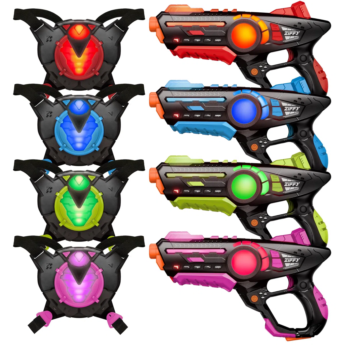 ZIFFY Set di 4 pistole laser tag con gilet, laser tag multifunzione per interni ed esterni, giochi di famiglia, regalo di Natale e compleanno, attività di gruppo, età 8+ (nero)