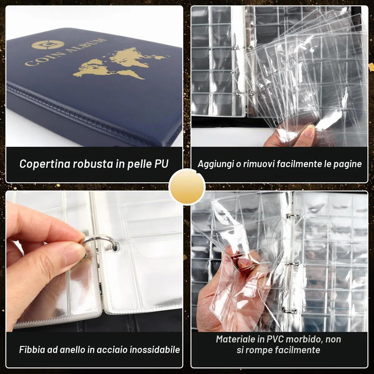 Album Monete da Collezione 420 Tasche,Libro Porta Monete da Collezione 3.5 * 3.5 cm/4.5 * 4.5 cm,Raccoglitore Monete 2 Euro,25x19 cm Coin Album 20 Pagine di Inserti Trasparenti