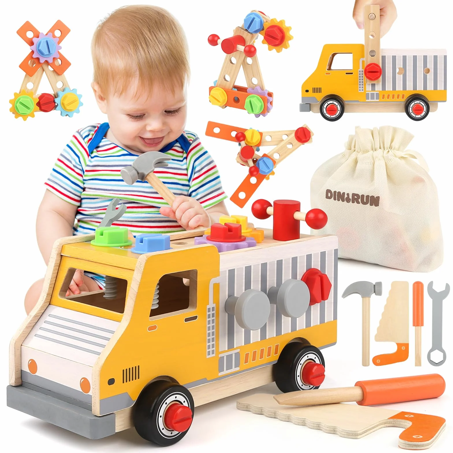 DINORUN Attrezzi Giocattolo in Legno, Montessori 3 Anni, Camion Cassetta Attrezzi, Regalo per Bambini 3-6 Anni, 47 Pezzi