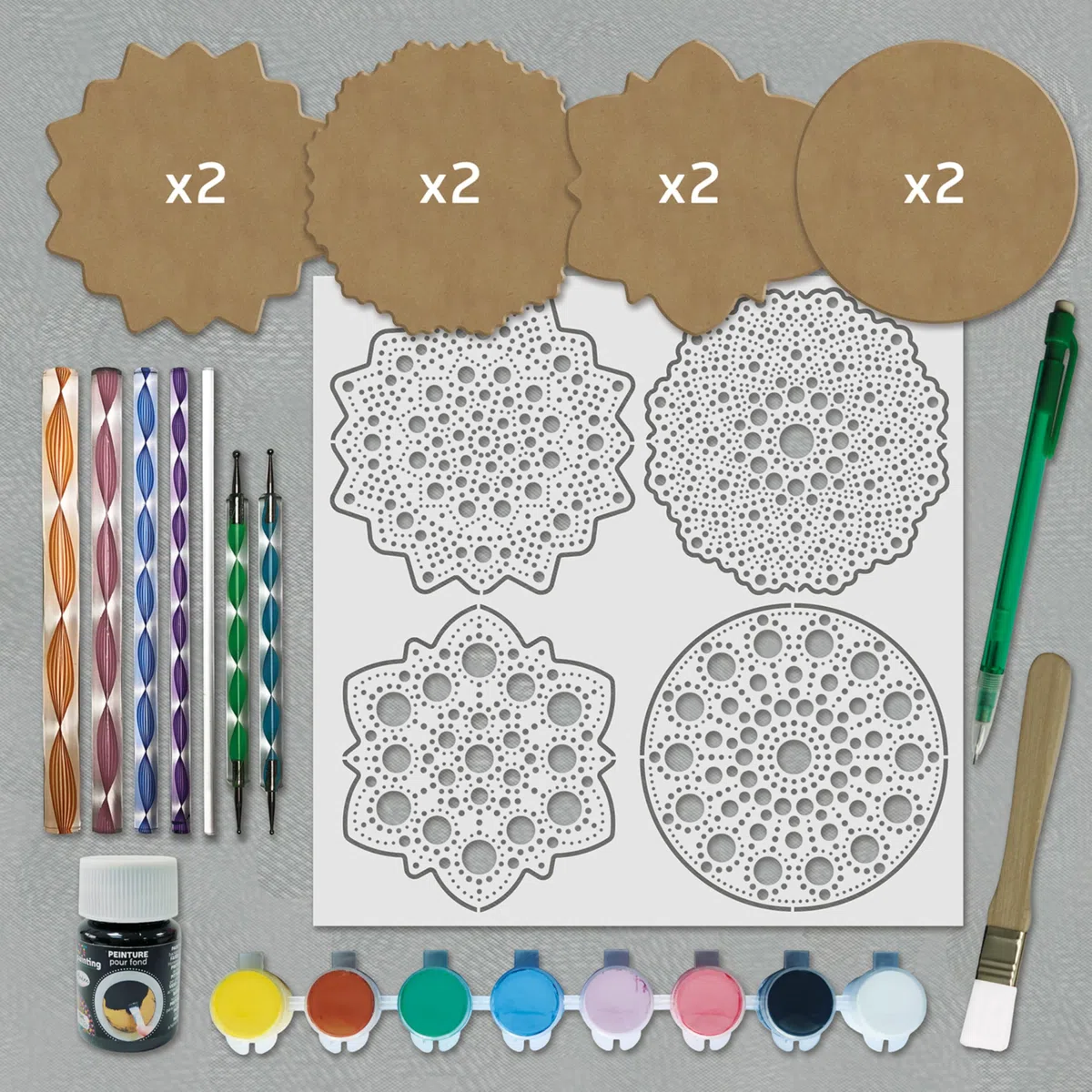 Aladine - Kit Mandala in Dot Painting - Cofanetto 4 stencil Mandala & Strumenti Dot Painting - 85496