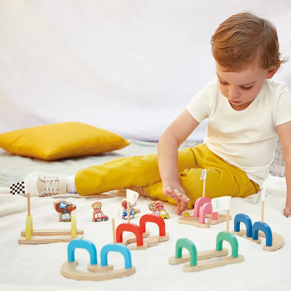 Janod - Gioco Biglie per Bambini Applepop - Gioco di Abilità - 6 Passaggi + 2 Biglie + 4 Pedine - Sviluppa Manualità e Concentrazione - Giocattolo in Legno FSC - Dai 3 Anni, J03357
