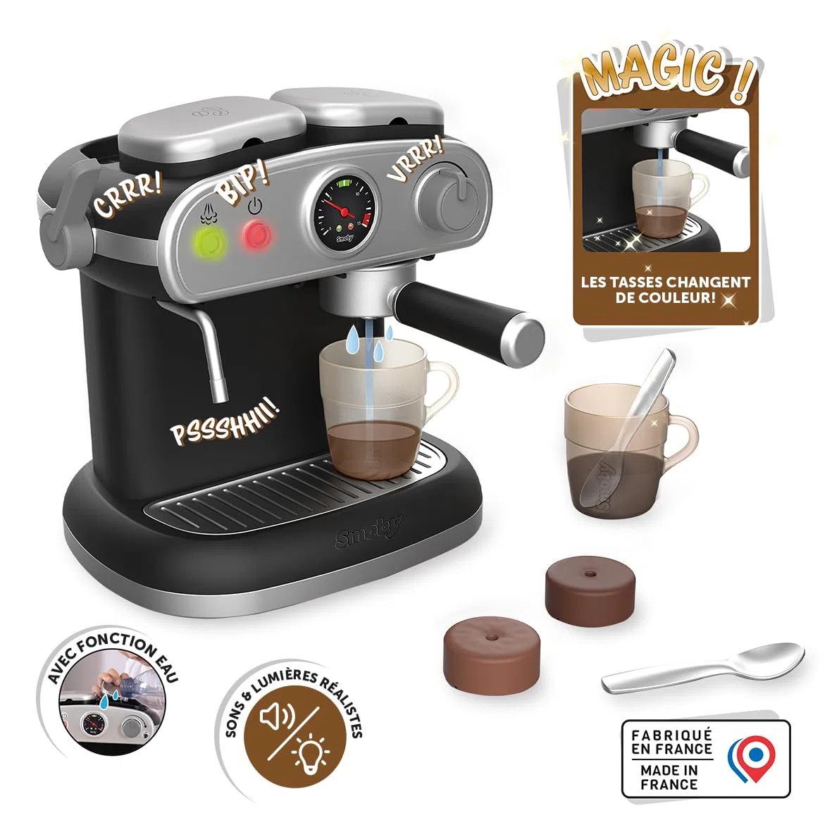 Smoby - Macchina per caffè espresso - Giocattolo di imitazione realistico - Effetti sonori e luminosi - 6 accessori - Sviluppa la creatività - Ricrea i gesti quotidiani