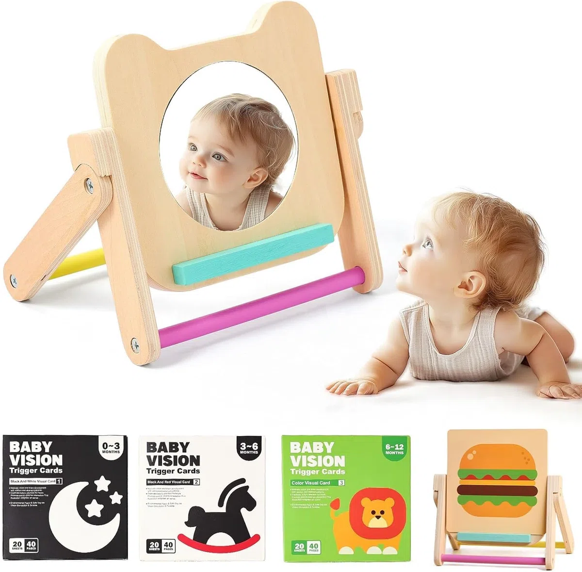WOODEN TEETHER Specchio per Bambini - Specchio Montessori per Neonati con 120 Pagine di Carte Visivamente Stimolanti, Giocattolo in Legno per Pancia-Tempo, Giocattolo Montessori per Neonati 0 3 6 12