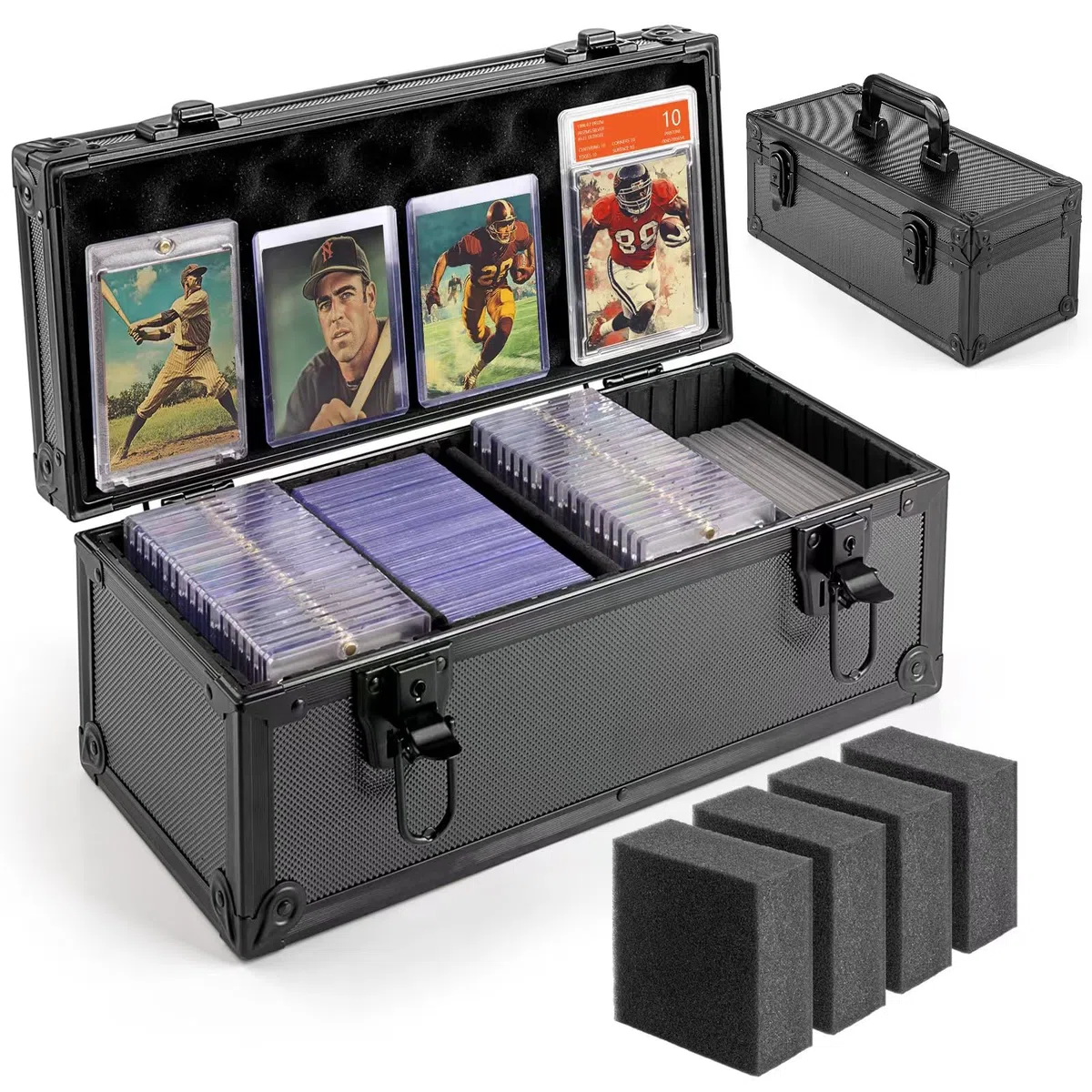 Scatola Porta Top Loader, Valigetta Carte Gradate con Lucchetti a Chiave, Trading Card Holder Box per 300+ Top Loaders, 76 One Touch (35pt), 48 PSA/GMA, 43 CSG, 41 SGC, 36 HGA