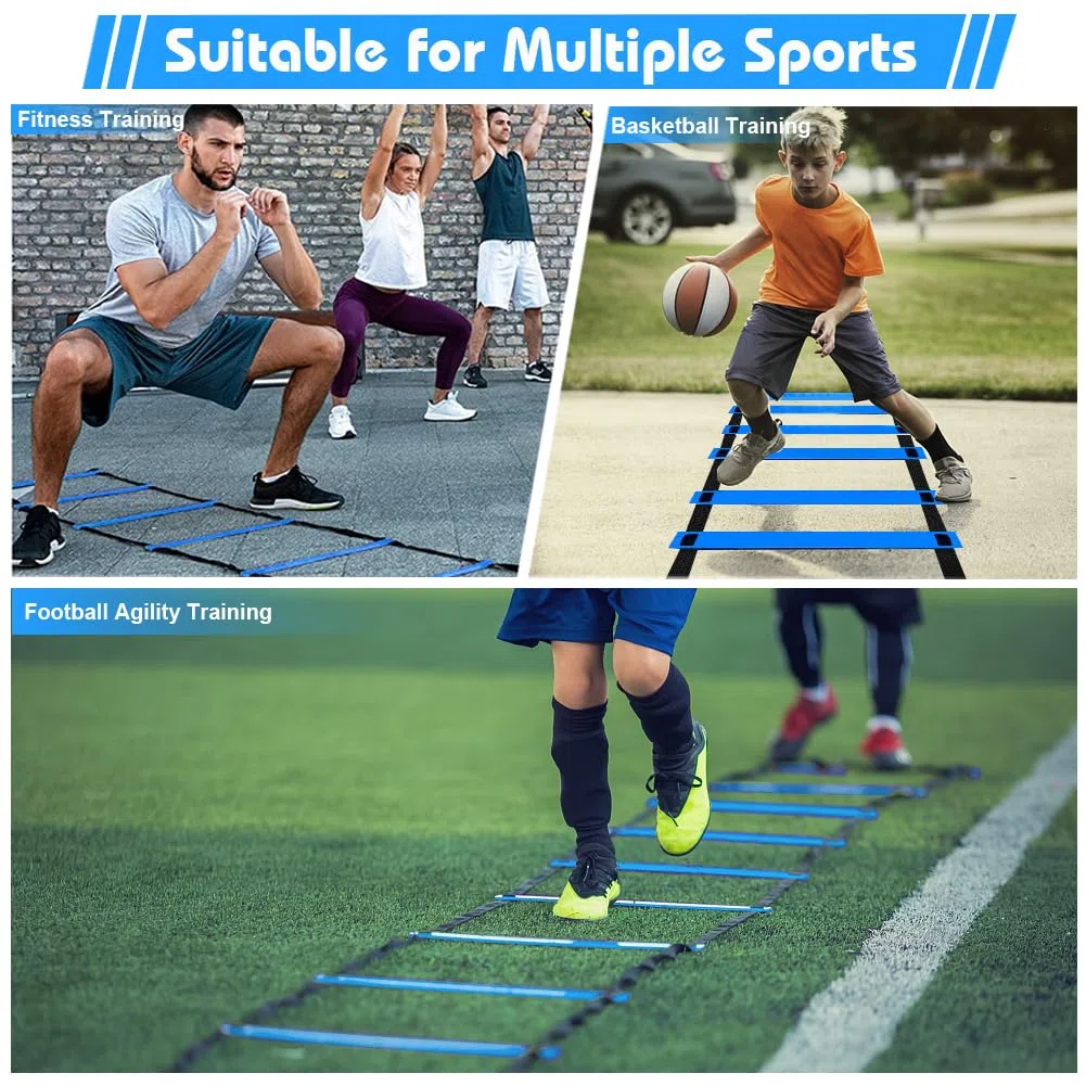 Accessori per allenamento da calcio per bambini, scala di coordinazione, scala di coordinazione da 6 m, con 16 coni, set di attrezzature per allenamento di calcio per ragazzi e bambini (blu)