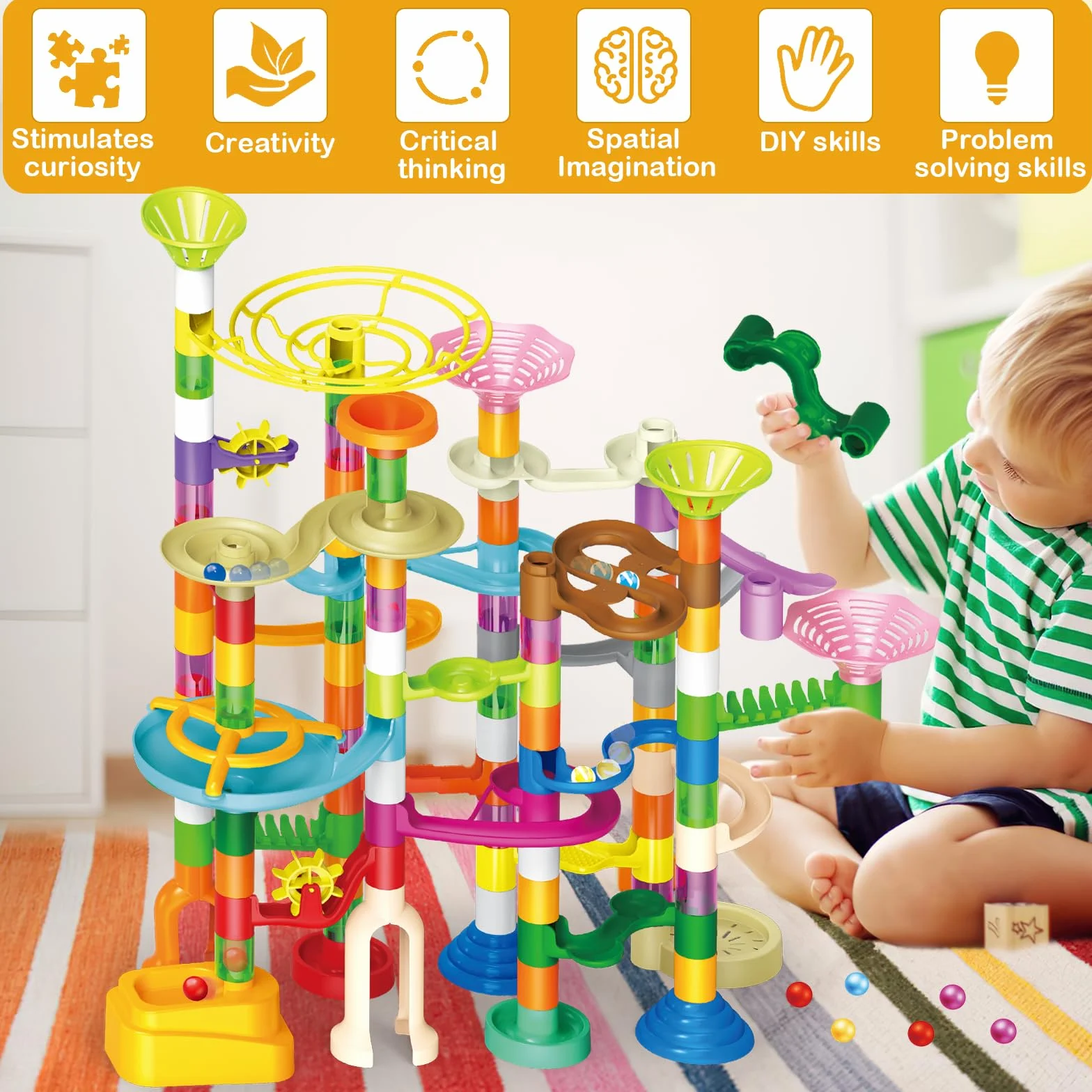 deAO Torre Marble Run Pista per Biglie per Bambini – Gioco di Costruzione STEM Educativo, Pista Creativa da Assemblare con 150 Pezzi e 60 Biglie (30 Fosforescenti), Gioco per Bambini 3+ Anni