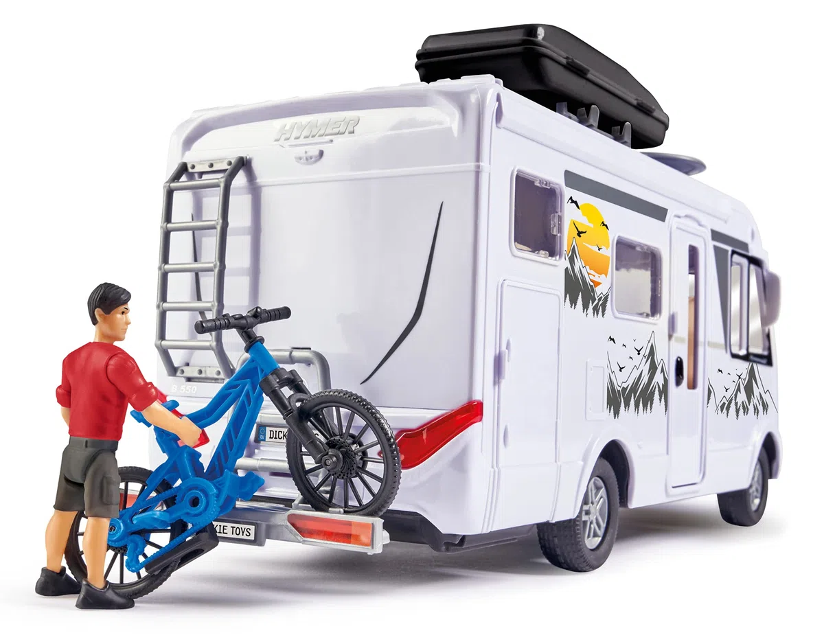 Dickie Toys - Playlife Camper Set, Hymer B-Class Motorhome, con pannello, porta laterale, gavone e tetto apribili, Incluso personaggio, E-Bike, BBQ con luci, paddling, tavolo con sedia