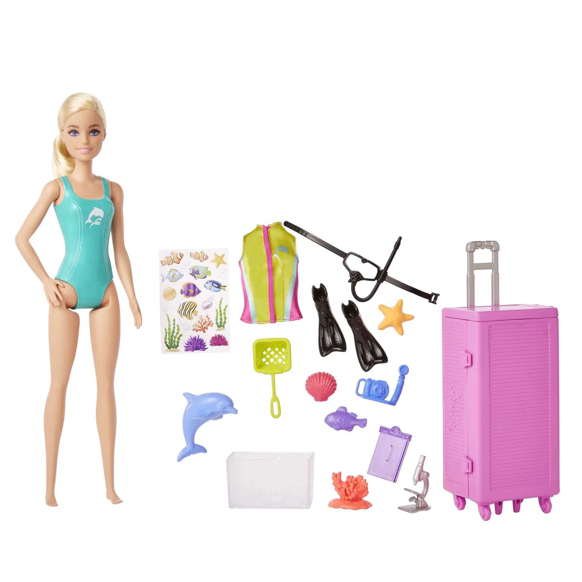 Barbie Carriere - Carriera Make-up, bambola dai capelli blu, top colorato a stampa leopardata e scarpe rosa con plateau, con palette, tavolozza e pennello, Giocattolo per Bambini 3+ Anni, HKT66