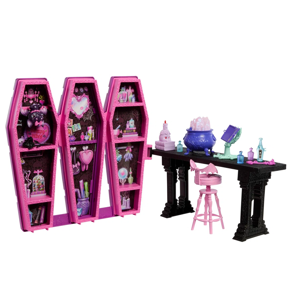 Monster High - Stanza delle Pozioni Segrete, playset con 12 accessori e trasformazioni a sorpresa, cucciolo di pipistrello Conte Fabulous incluso, giocattolo per bambini, 4+ anni, JBF15
