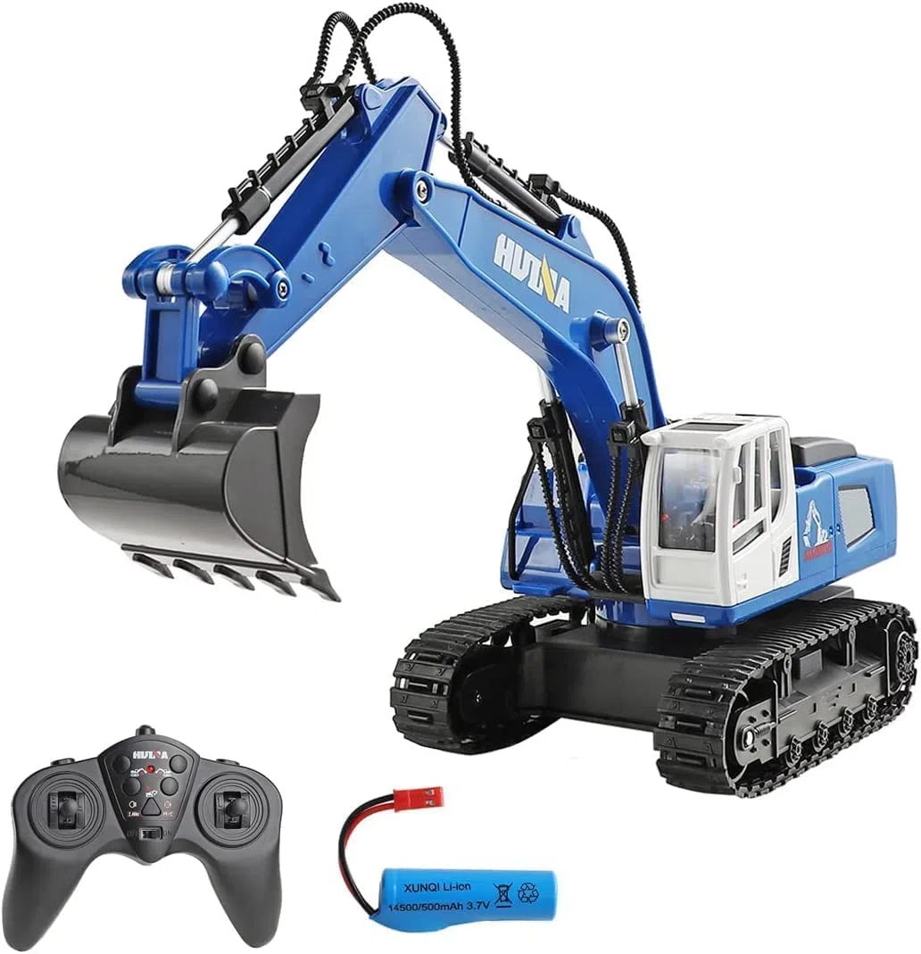 s-idee® 1558 blu telecomandato RC escavatore 1:18 Huina giocattolo per bambini - RC escavatore con pala in metallo, rotazione di 680°, luce ed effetti sonori